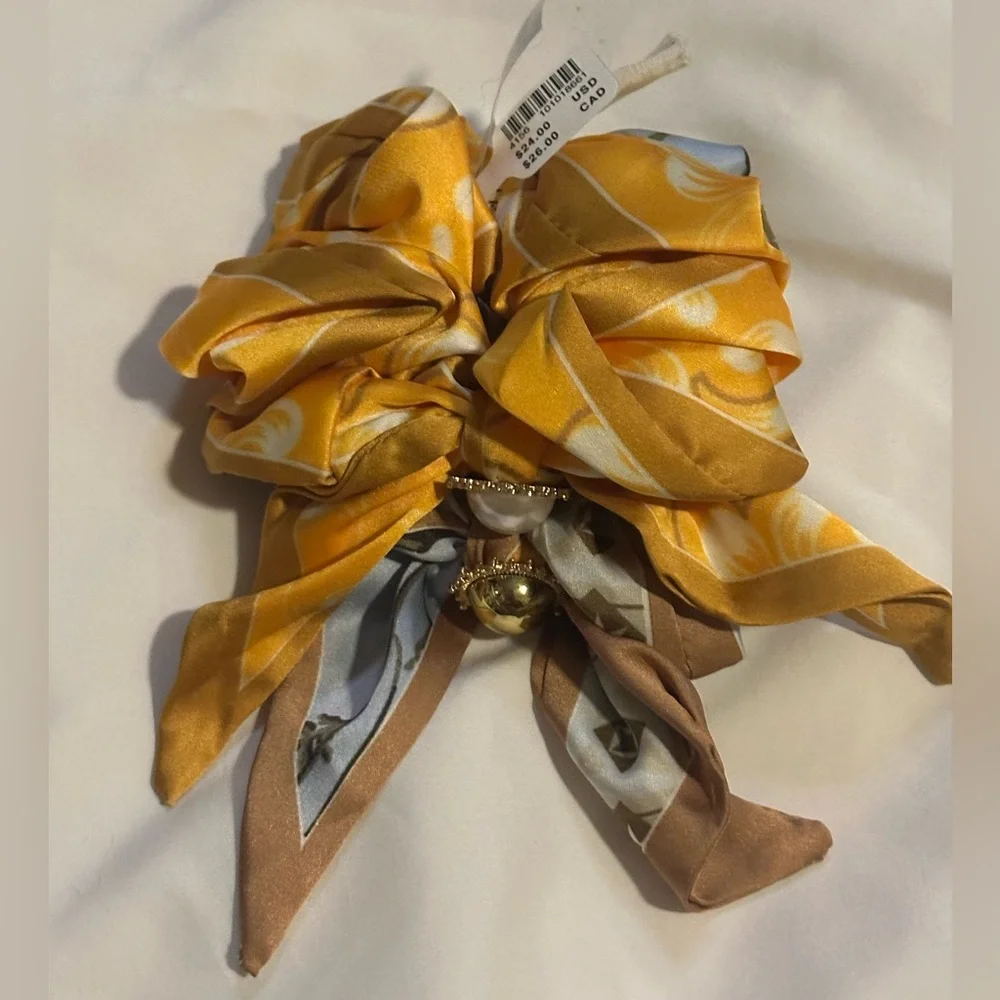 NWT Anthropologie Charmed Scarf Scrunchies Pattern Yellow Blue Tan Faux Pearl